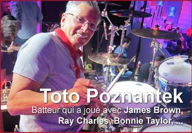 Autre figure emblématique de cette soirée, le batteur Toto Poznantec, qui a joué avec James Brown, Ray Charles, Bonnie Taylor,..